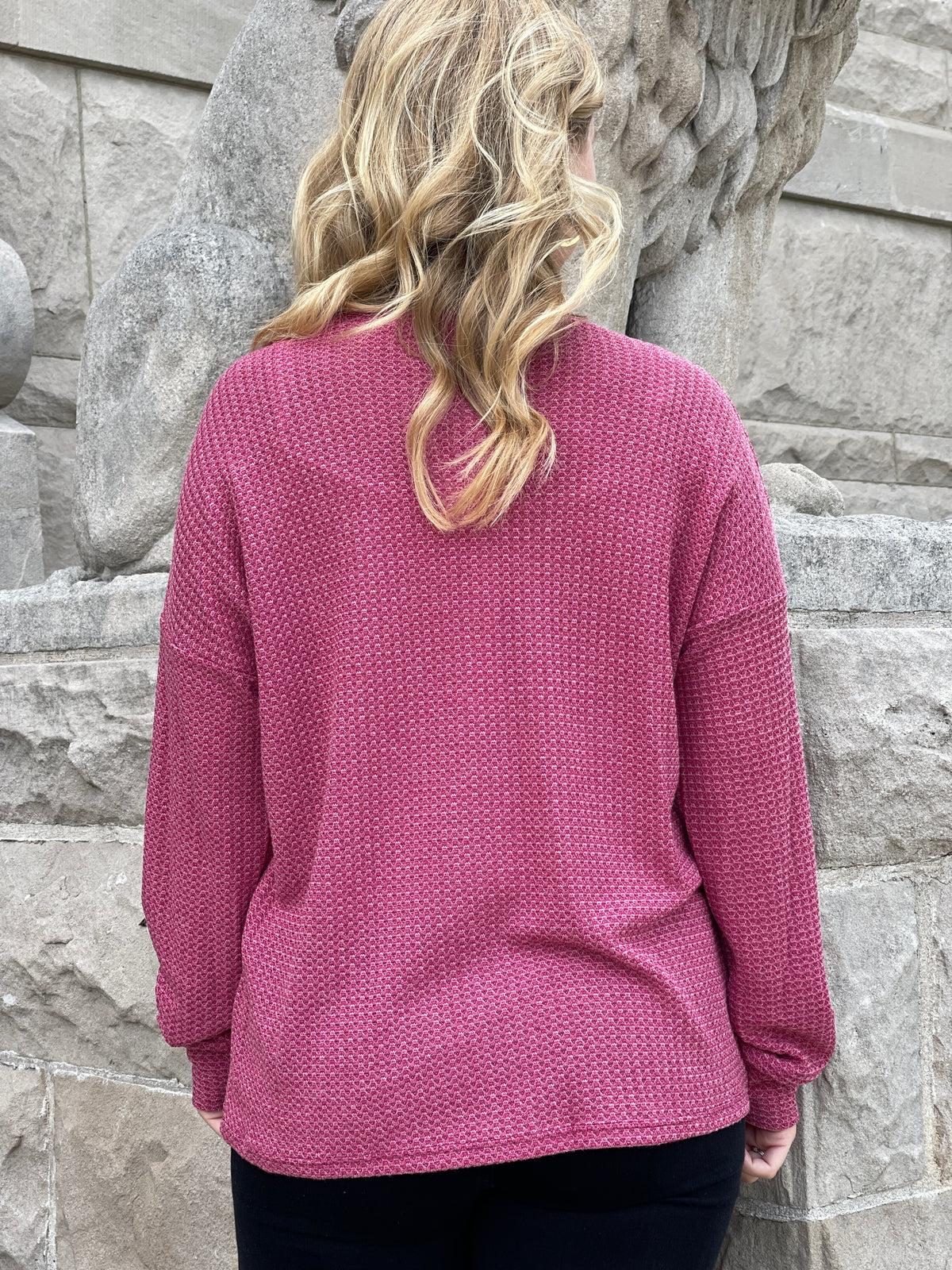 TWO TONE BURGUNDY WAFFLE KNIT LONG SLEEVE TOP