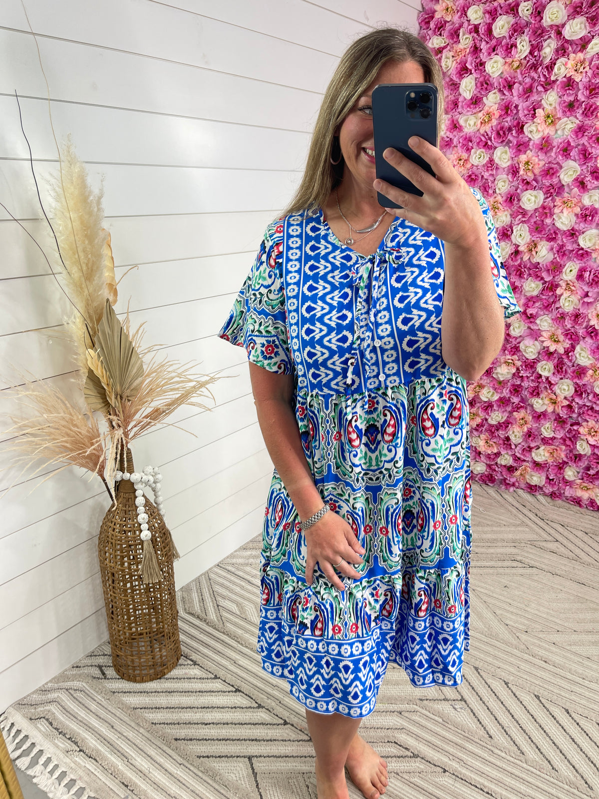 BLUE BOHO PRINT TIE NECK DRESS