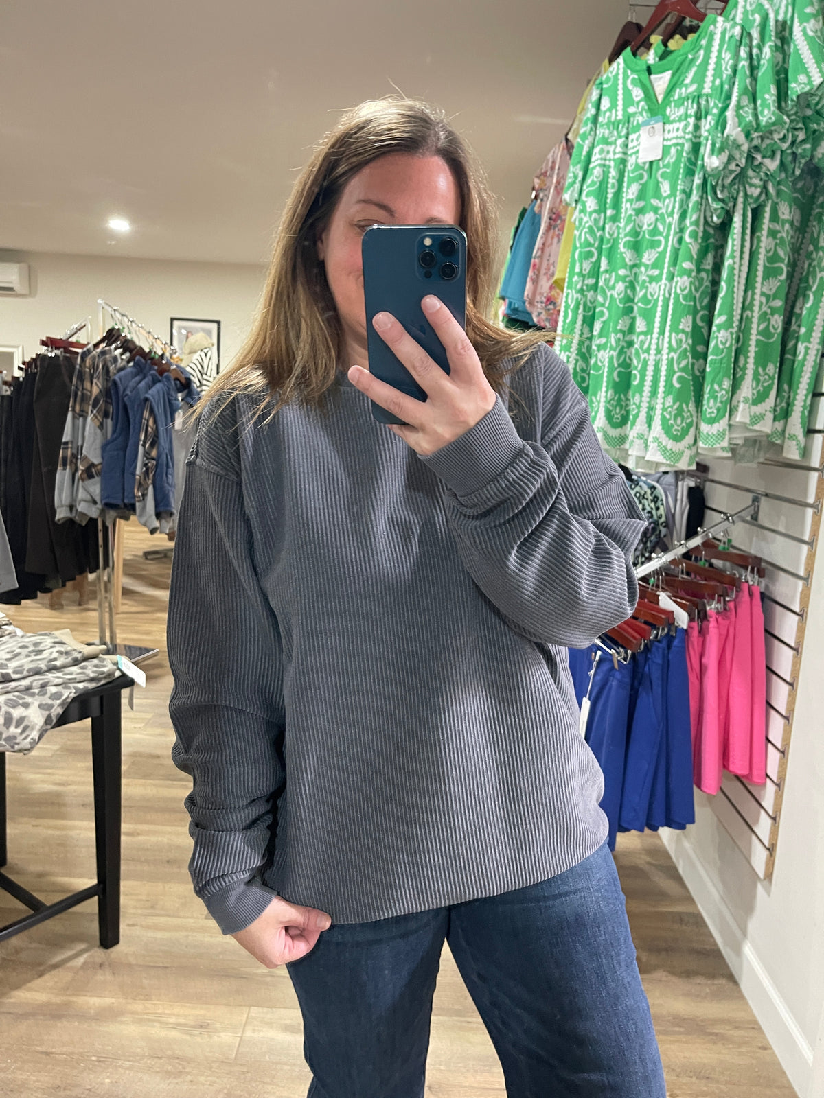 Charcoal Heavyweight Corduroy Pullover Crewneck With Thumbholes