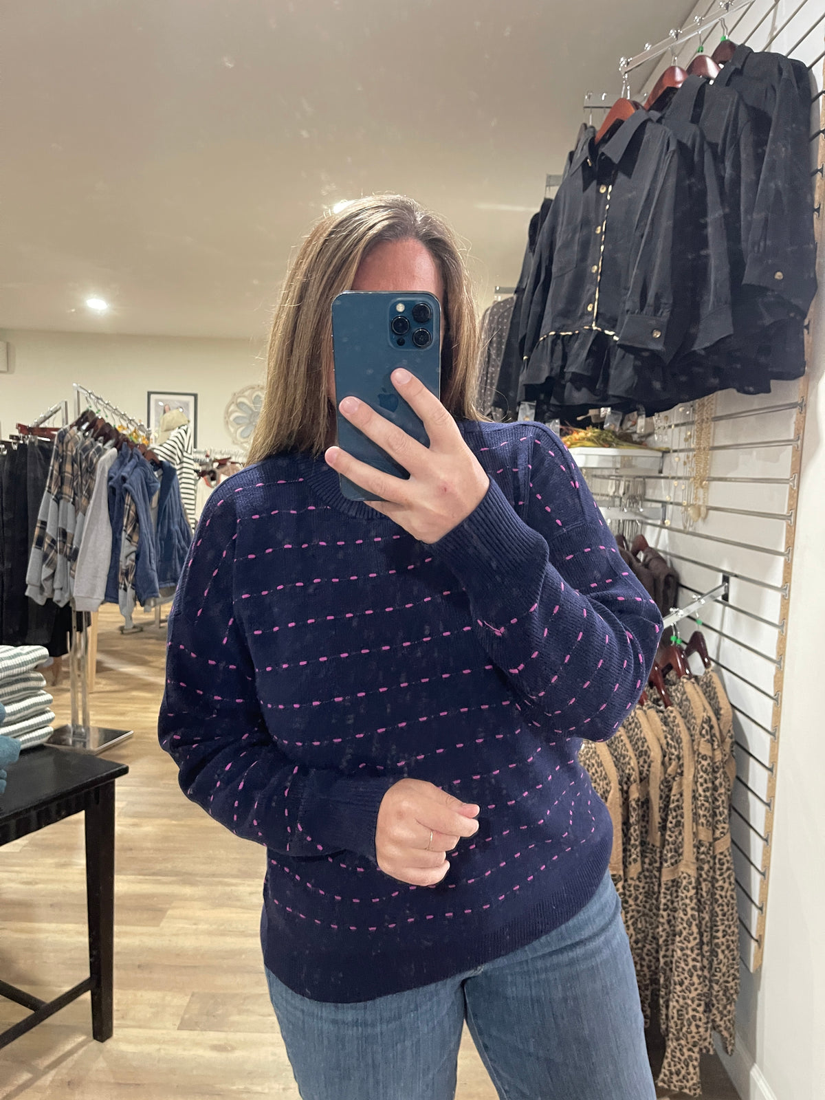 NAVY/FUSCHIA Texture Striped Crew Neck Long Sleeve Pullover Sweater