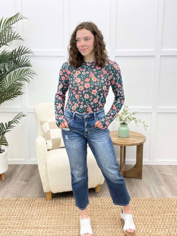 SHIRLEY AND STONE DARK GREEN FLORAL MESH TOP