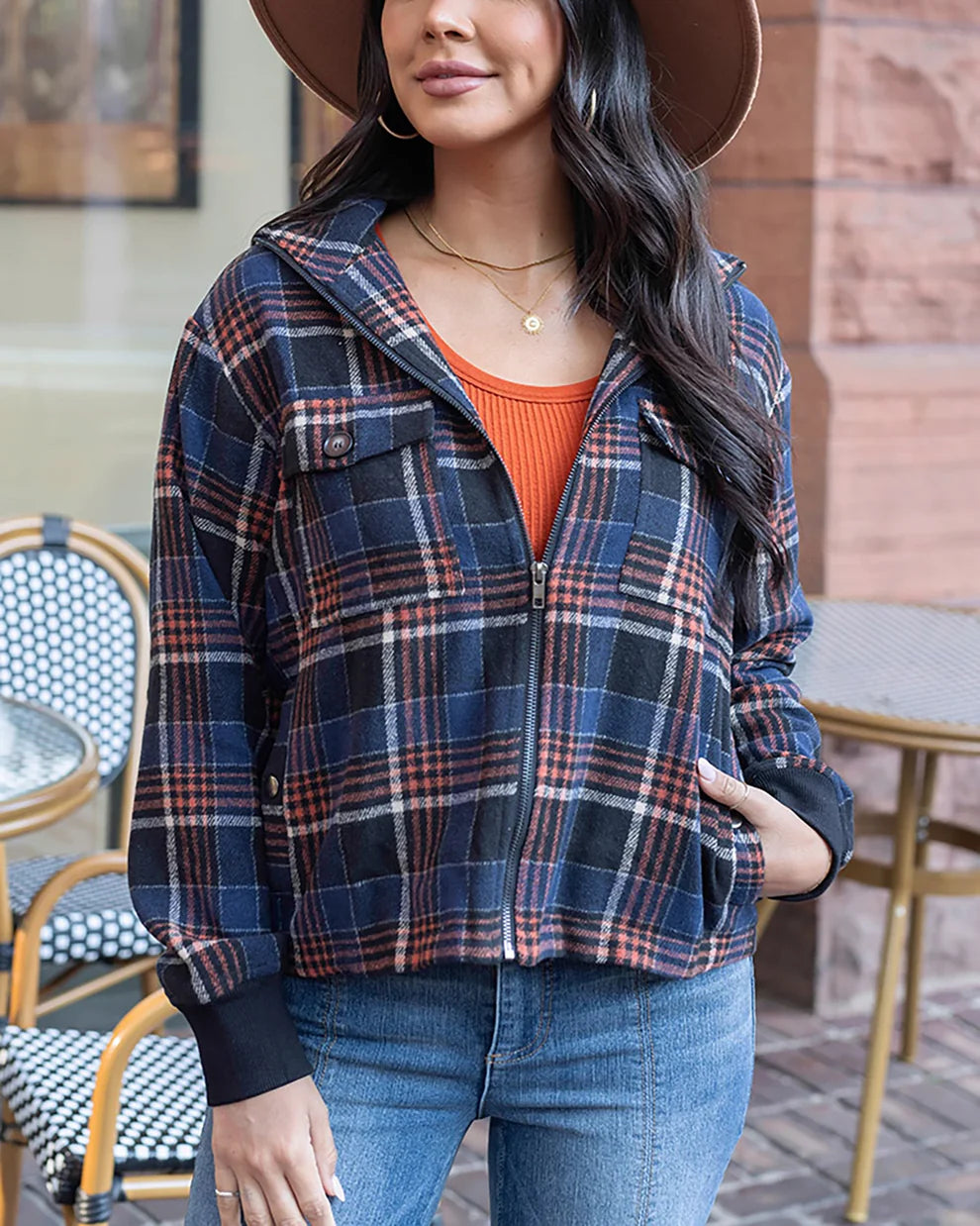 GRACE AND LACE FLANNEL PLAID JACKET IN NAVY/ORANGE