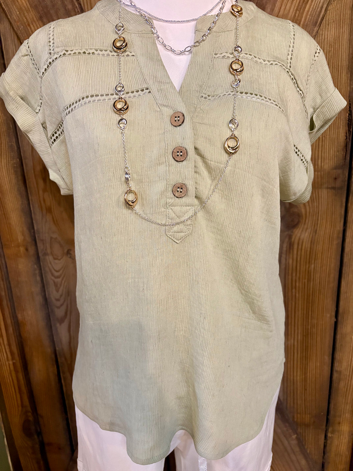 SAGE CROCHET LINE LACE HALF BUTTON WOVEN TOP