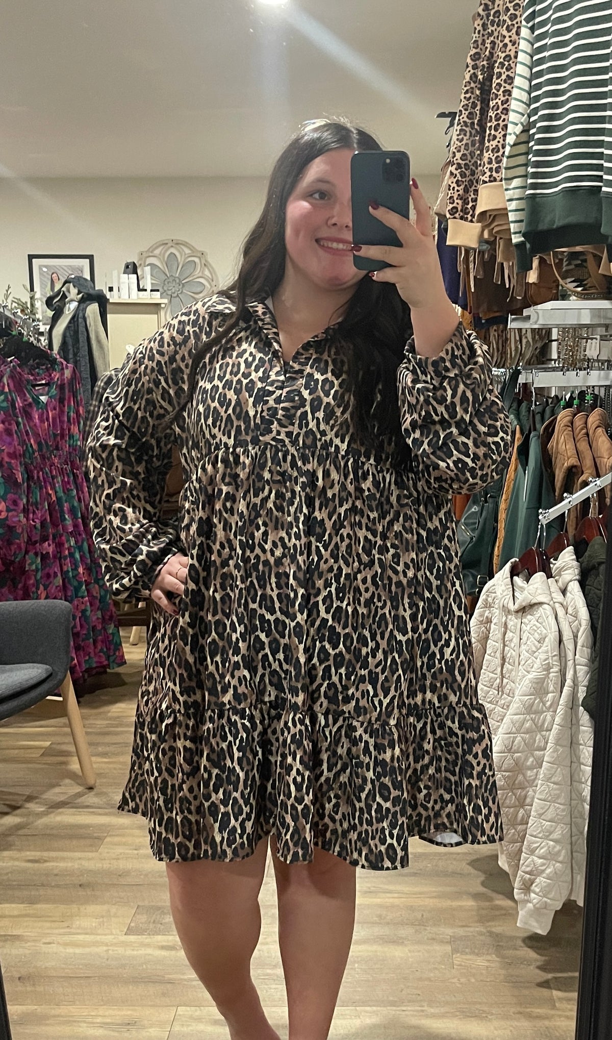 TAUPE LEOPARD V NECK TIERED DRESS