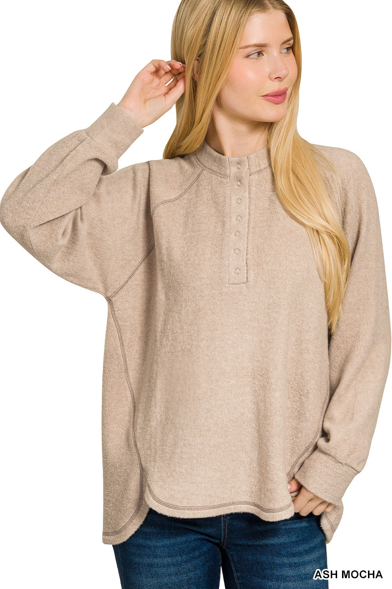 ASH MOCHA BRUSHED KNIT SNAP BUTTON TOP