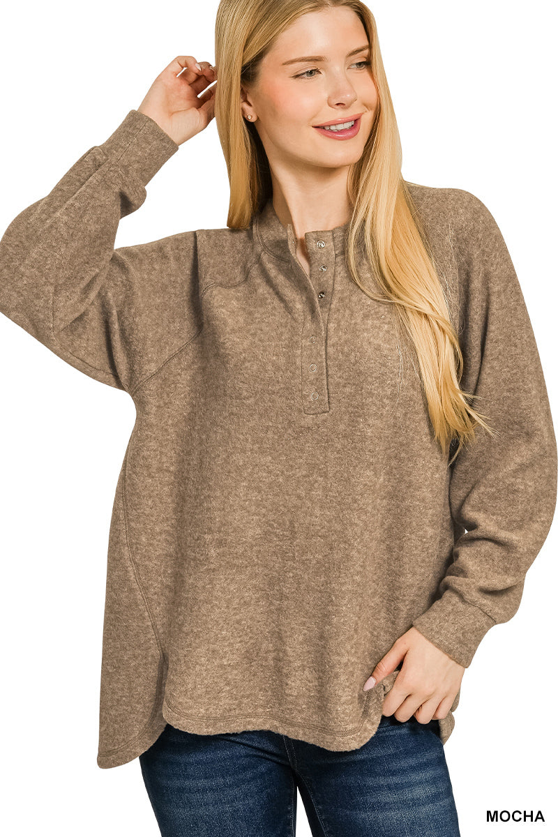 MOCHA BRUSHED KNIT SNAP BUTTON TOP