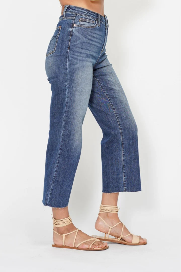 JUDY BLUE HW WIDE LEG CROP W/ BACK POCKET EMBROIDERY