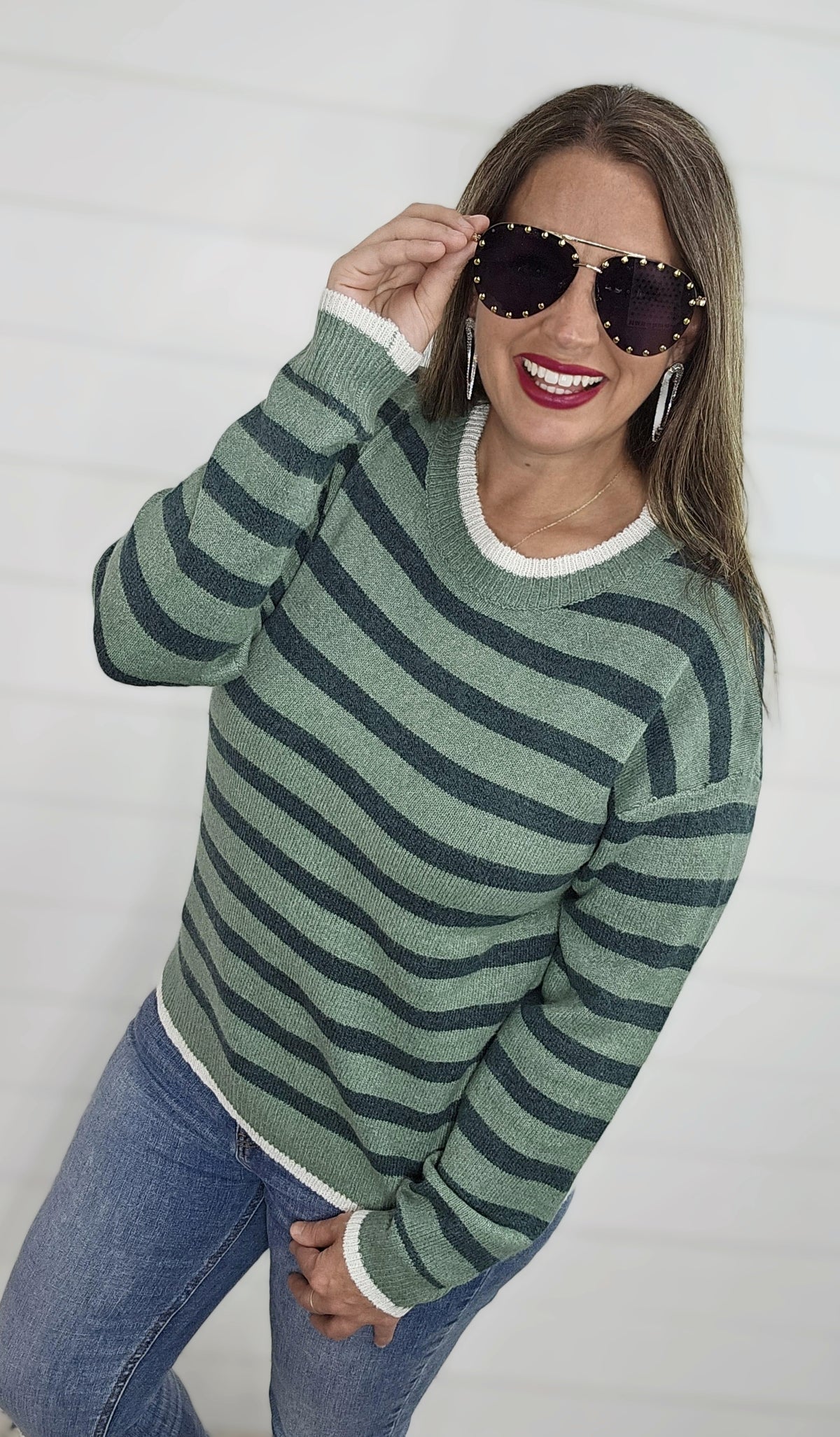 OLIVE STRIPED ULTRA SOFT CREW NECK SWEATER