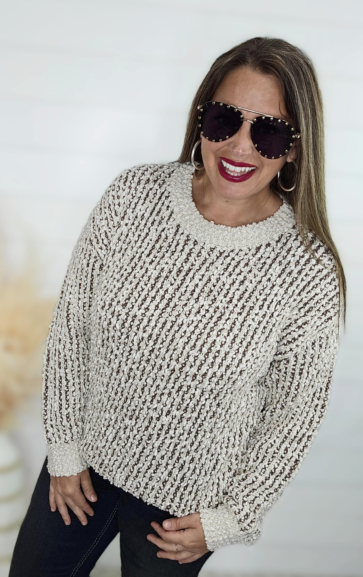 MOCHA POPCORN YARN COLOR MIX CREW NECK PULLOVER SWEATER