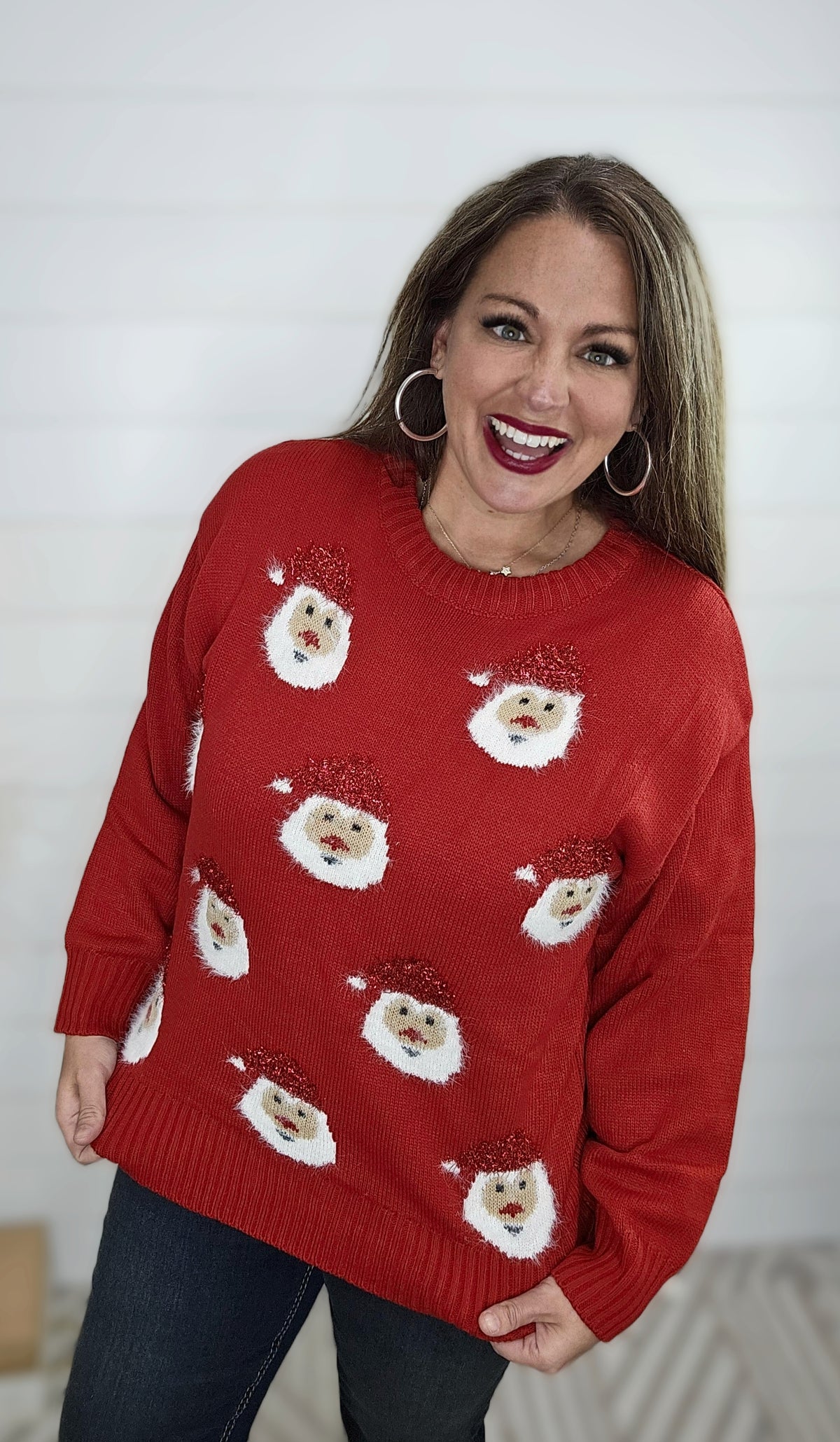 RED SPARKLE HAT SANTA SWEATER