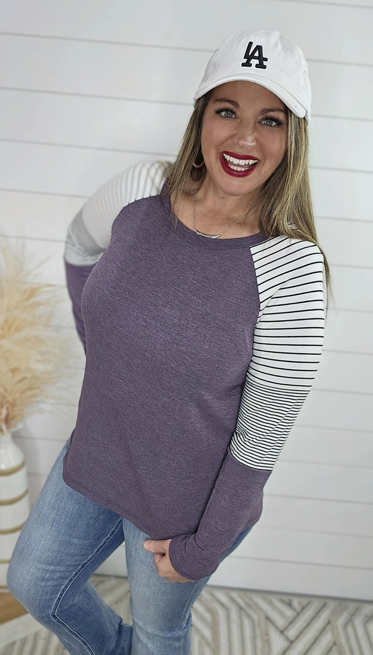 EGGPLANT COLORBLOCK FRENCH TERRY KNIT TOP