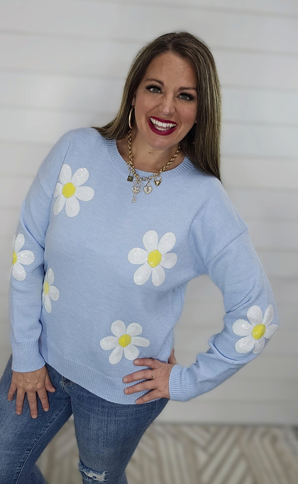 LT BLUE SEQUIN DAISY CREW NECK SWEATER PULLOVER