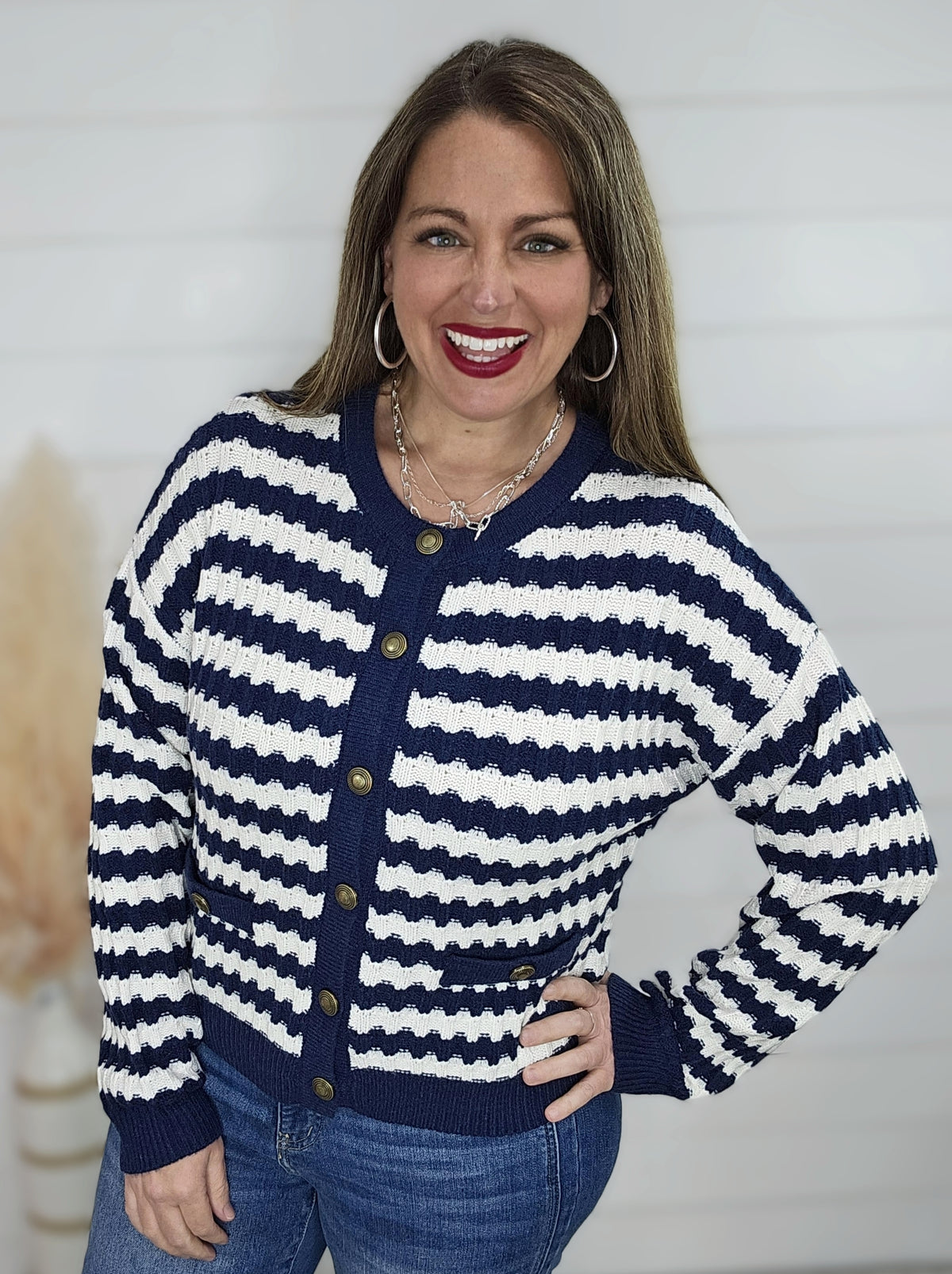 NAVY STRIPED TEXTURED BUTTON KNIT CARDIGAN