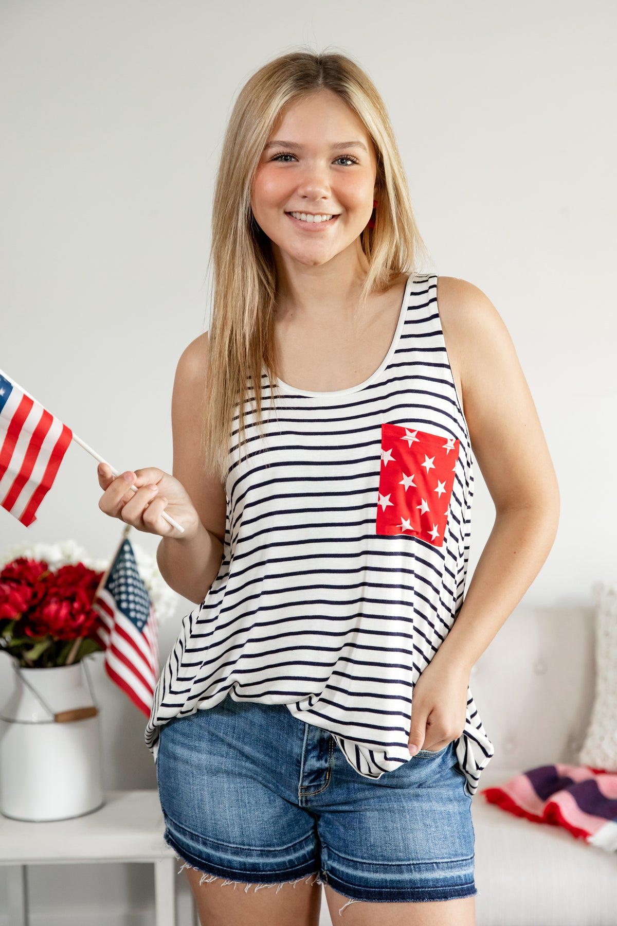 WHITE/NAVY STRIPED TANK W/ RED STAR BOW BACK