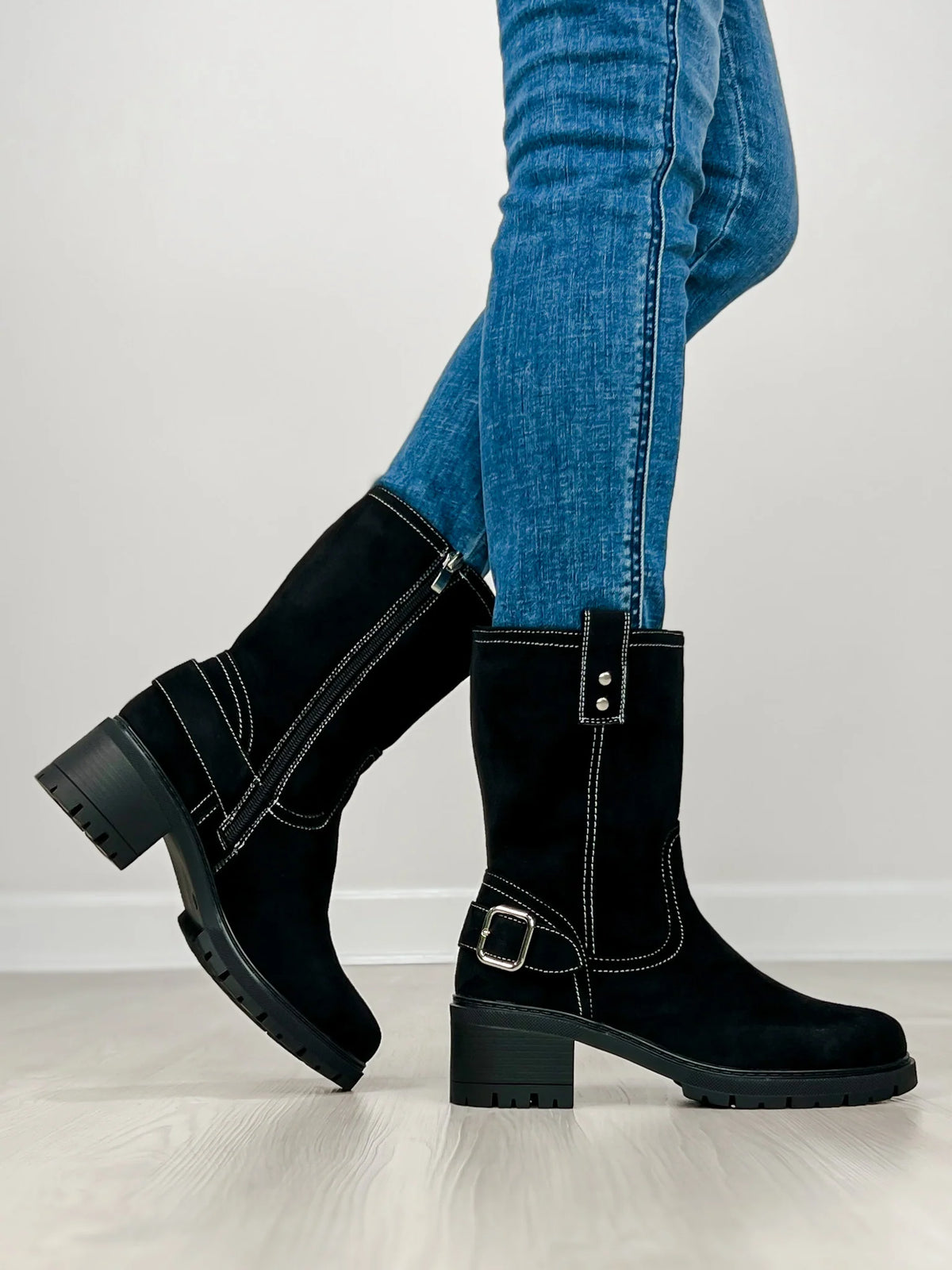 CORKYS BIKER BABE BLACK FAUX SUEDE BOOTS