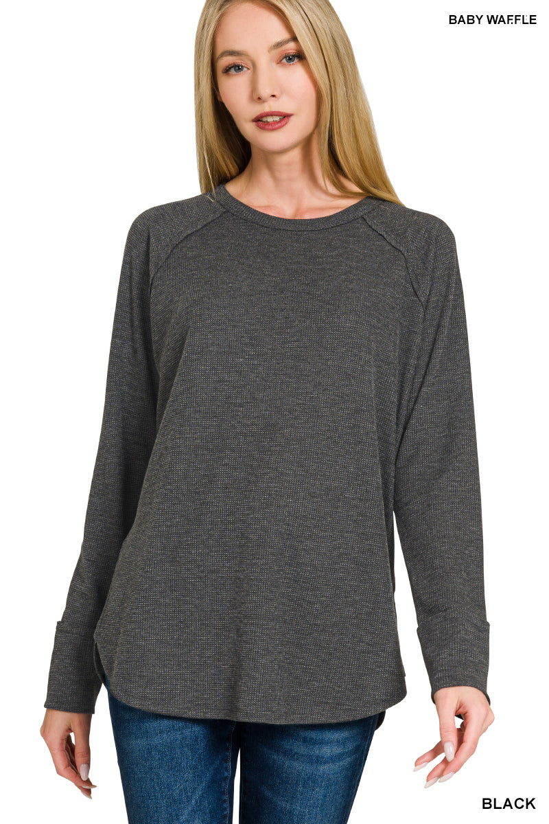 BLACK BABY WAFFLE LONG SLEEVE KNIT TOP