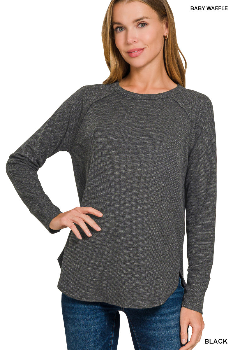 BLACK BABY WAFFLE LONG SLEEVE KNIT TOP