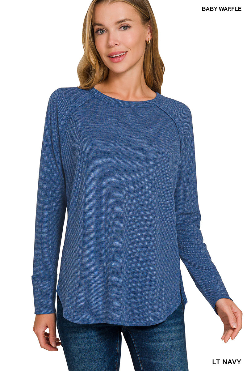 LT NAVY BABY WAFFLE KNIT TOP.