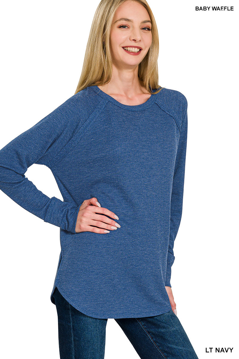 LT NAVY BABY WAFFLE KNIT TOP.