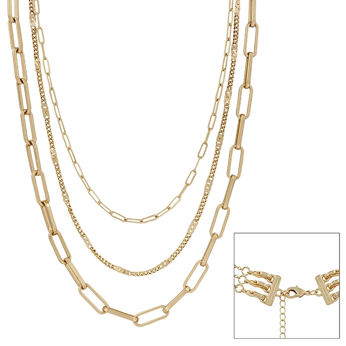 MATTE GOLD THREE LAYERED 16"-20" NECKLACE (MULTI FUNCTIONAL 3-WAY CLASP)