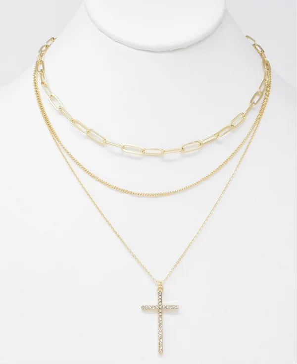 Gold Triple Layer with Rhinestone Cross 16"-18" Necklace