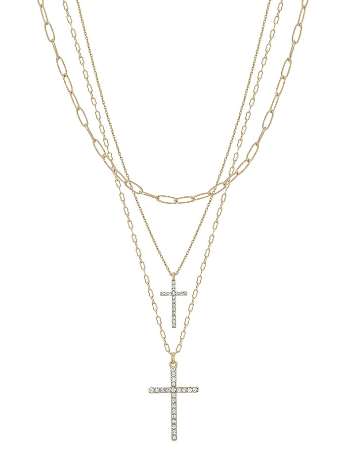 GOLD LAYERED RHINESTONE DOUBLE CROSS 16"-18" NECKLACE