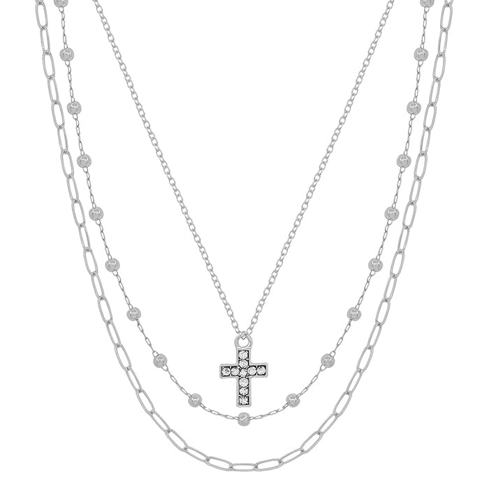 SILVER TRIPLE LAYERED RHINESTONE CROSS 16"-18" NECKLACE