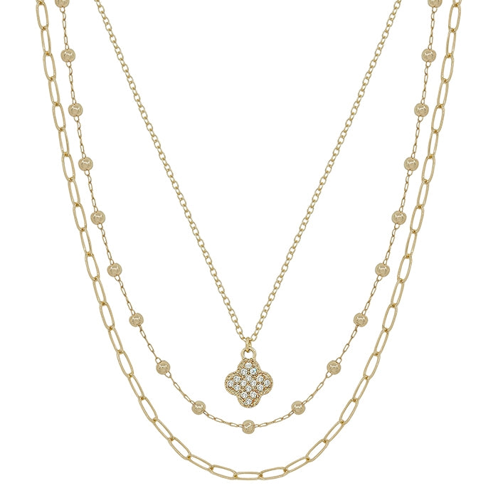 TRIPLE LAYERED RHINESTONE CLOVER AND GOLD 16"-18" NECKLACE