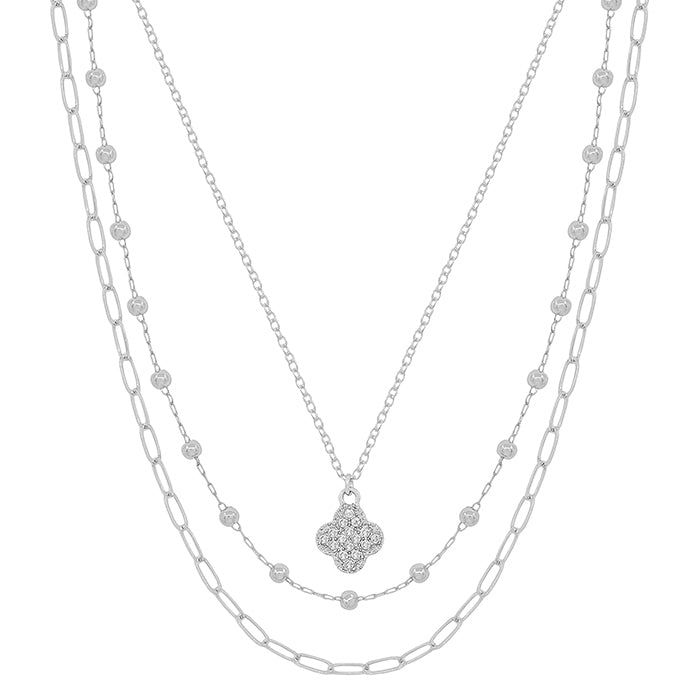 TRIPLE LAYERED RHINESTONE CLOVER AND SILVER 16"-18" NECKLACE