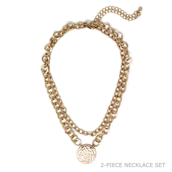 Worn Gold Layered Chain with Coin Accent 16"-18" Necklace