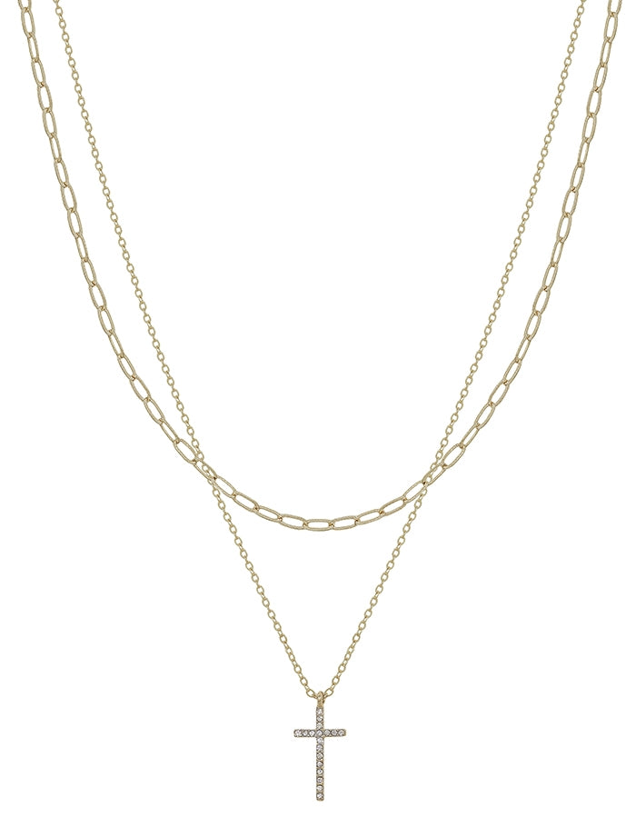 GOLD CHAIN LAYERED WITH RHINESTONE CROSS PENDANT 16"-18" NECKLACE