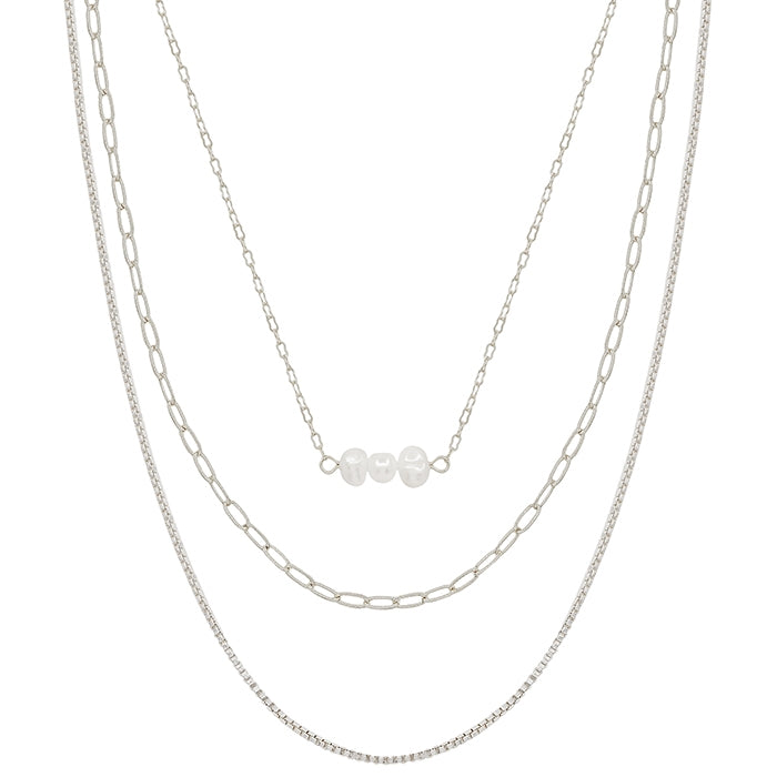 SILVER TRIPLE CHAIN WITH FRESHWATER PEARL BAR 16"-18" NECKLACE