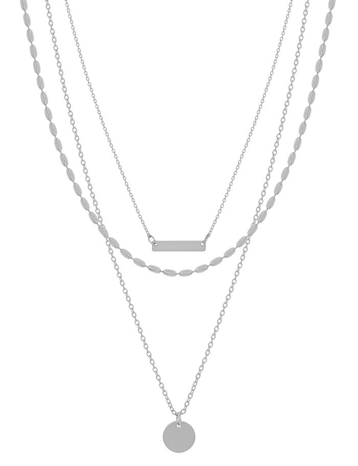 TRIPLE LAYERED SILVER BAR WITH CIRCLE CHARM 16"-18" NECKLACE