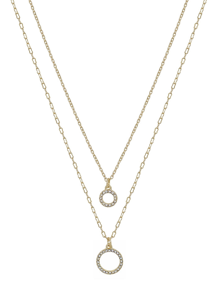 GOLD PAVE CIRCLE LAYERED WITH GOLD CIRCLE16"-18" NECKLACE