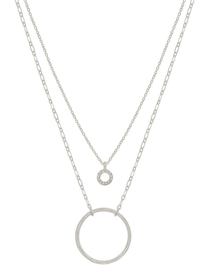 SMALL SILVER PAVE CIRCLE WITH CIRCLE LAYERED 16"-18" NECKLACE