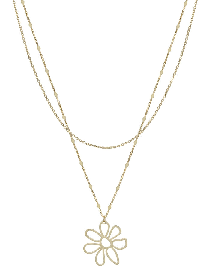 GOLD LAYERED CHAIN WITH OPEN GOLD FLOWER CHARM 16"-18" NECKLACE