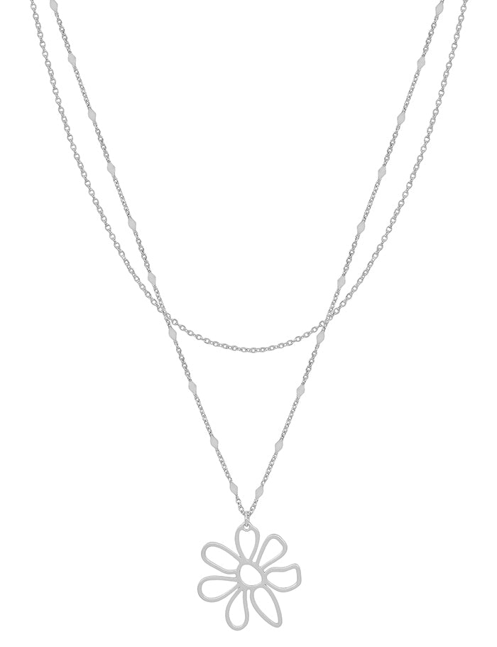 SILVER LAYERED CHAIN WITH OPEN SILVER FLOWER CHARM 16"-18" NECKLACE