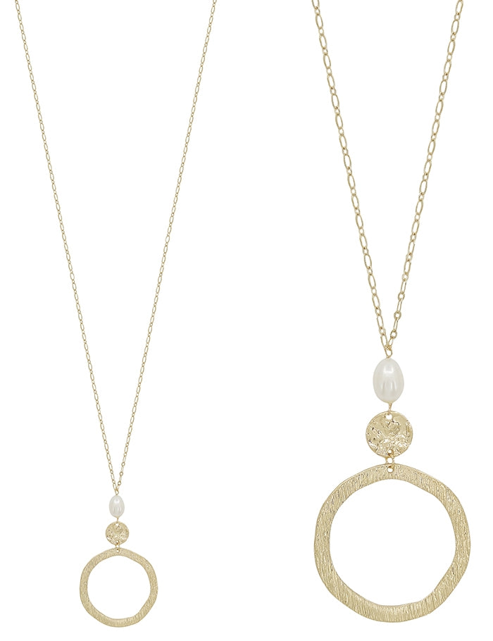 WORN GOLD OPEN CIRCLE WITH PEARL DROP 36" NECKLACE