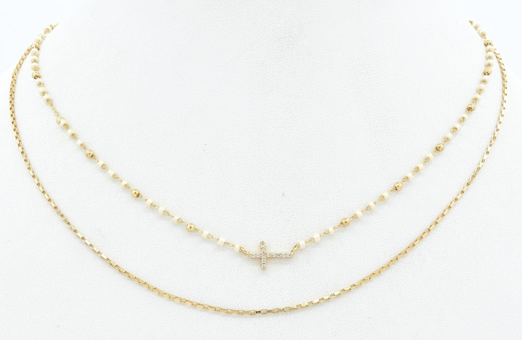 WHITE BEADED AND GOLD CHAIN LAYERED SMALL CROSS 16"-18" NECKLACE