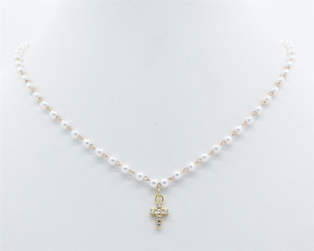 SMALL PEARL AND GOLD CHAIN 16"-18" NECKLACE WITH SMALL GOLD CROSS CHARM