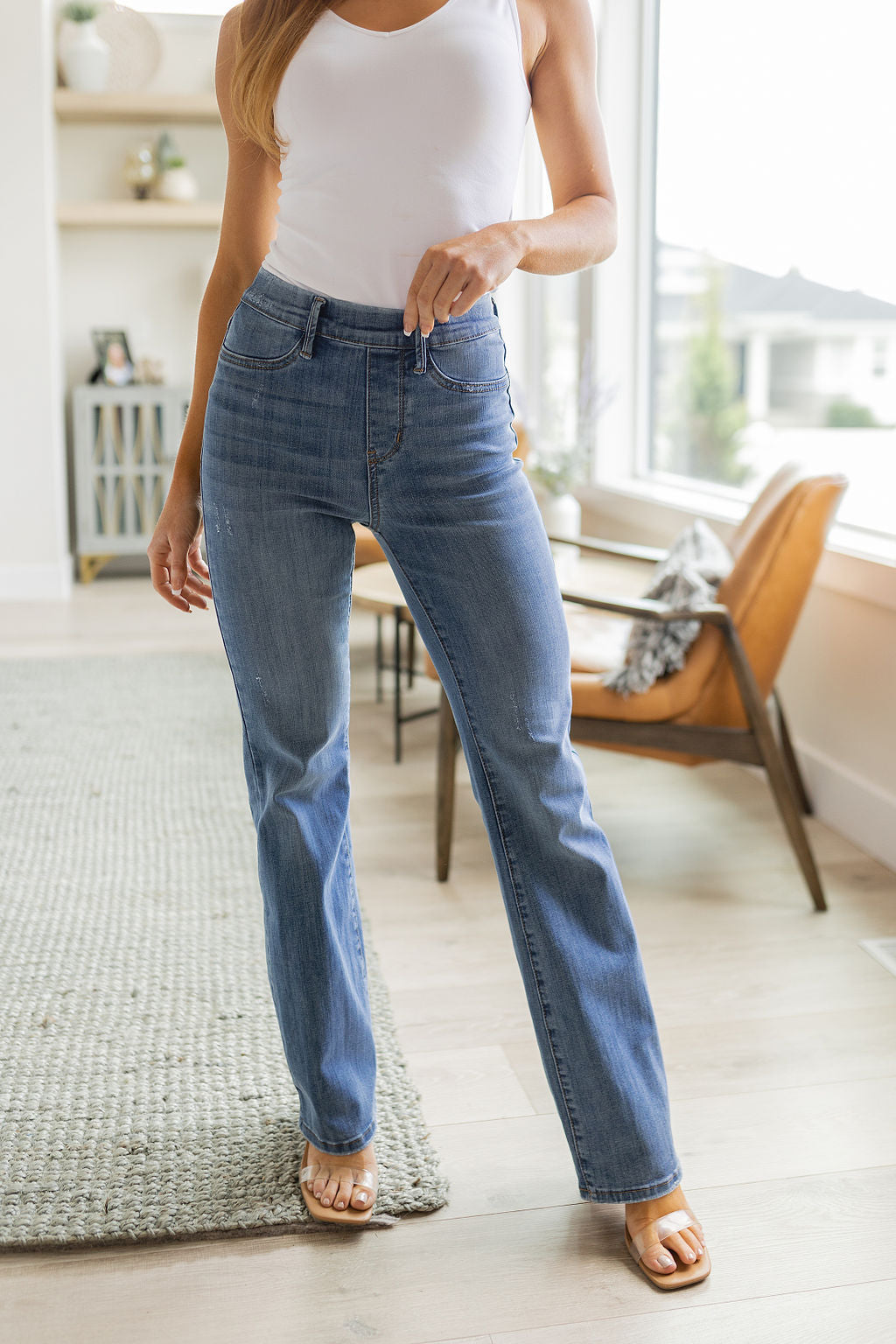 High rise pull on clearance jeans