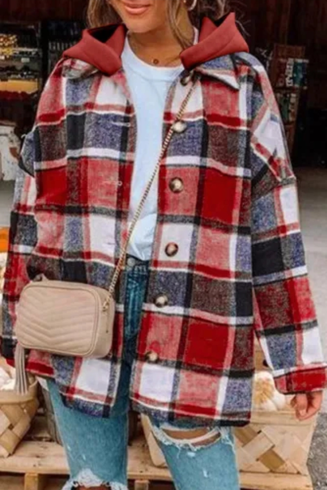RED PLAID HOODED SHACKET