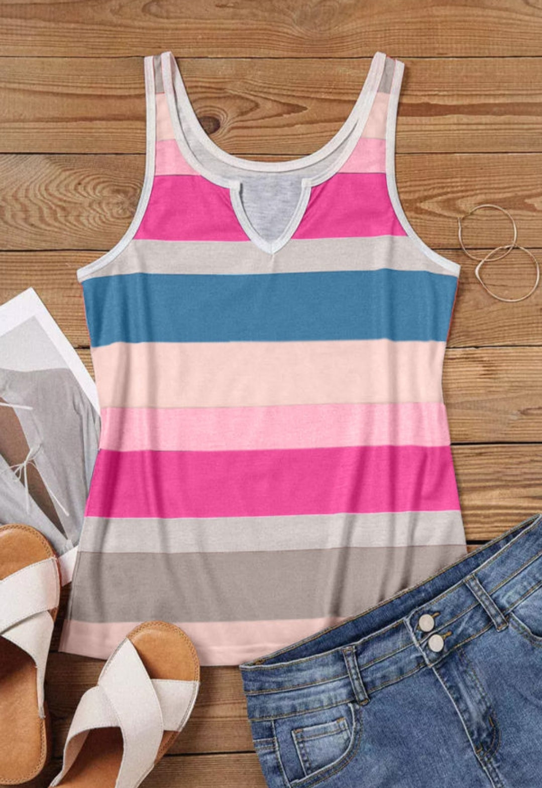 PINK STRIPED COLORBLOCK NOTHCED TANK