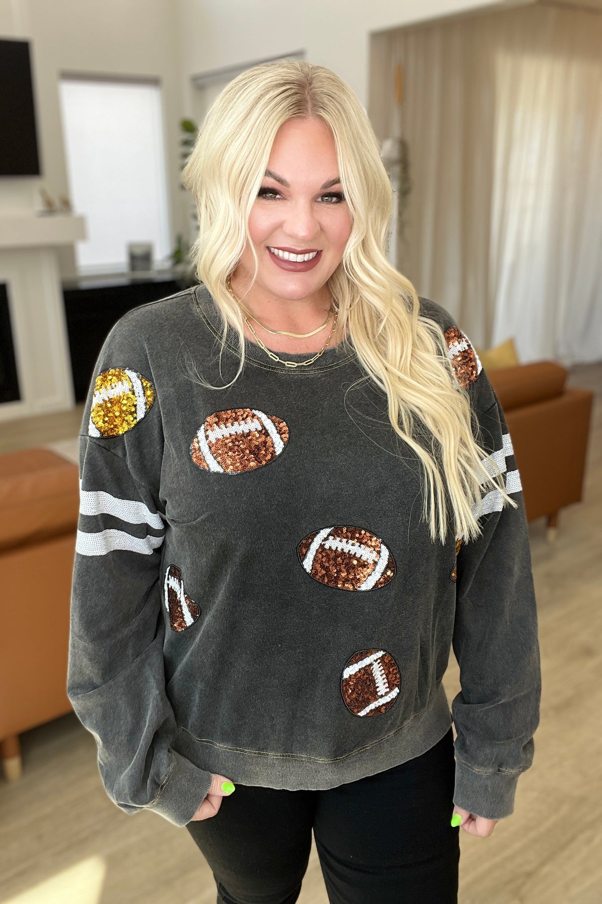 FOOTBALL SEQUIN EMBELLISHED CREW NECK PULLOVER