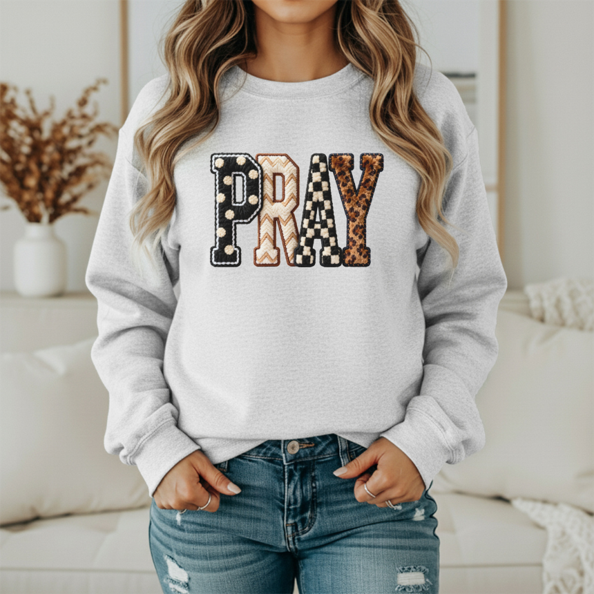 FAUX CROCHET PRAY SWEATSHIRT - ASH COLOR