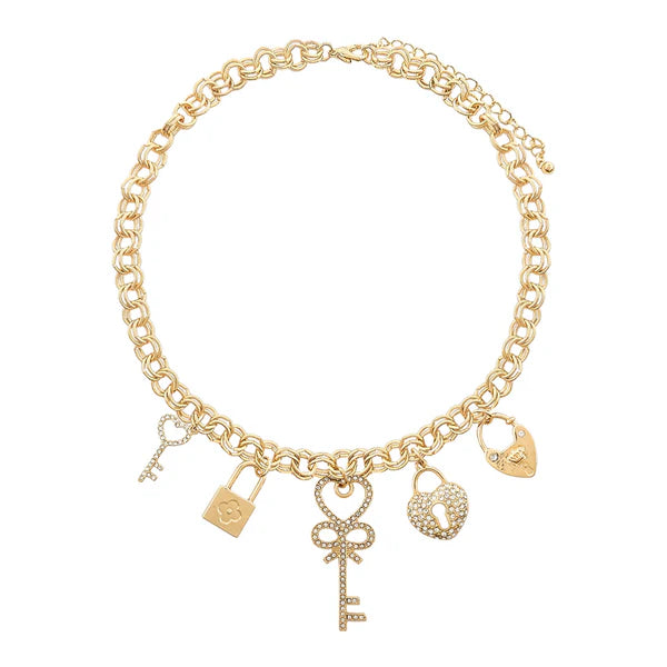 Gold Chain with Crystal Heart and Keylock Charms 16"-18" Necklace