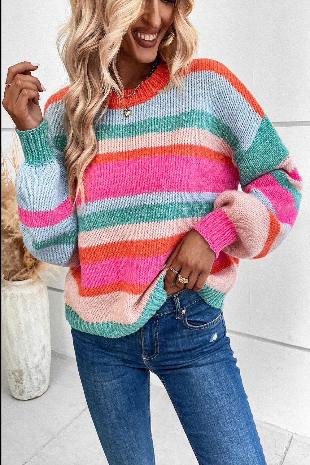 MULTICOLOR STRIPED KNIT DROP SHOULDER SWEATER