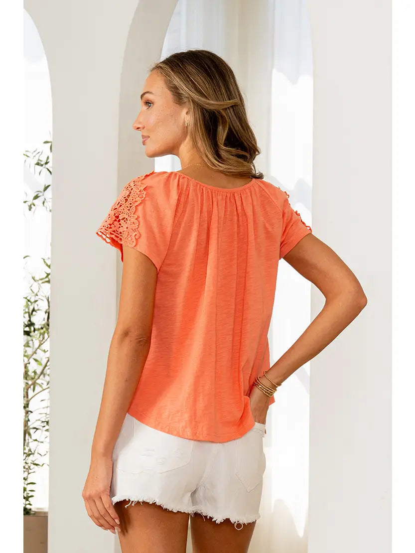 ORANGE COTTON SLUB TOP W/ LACE SLEEVES AND FAUX BUTTONS
