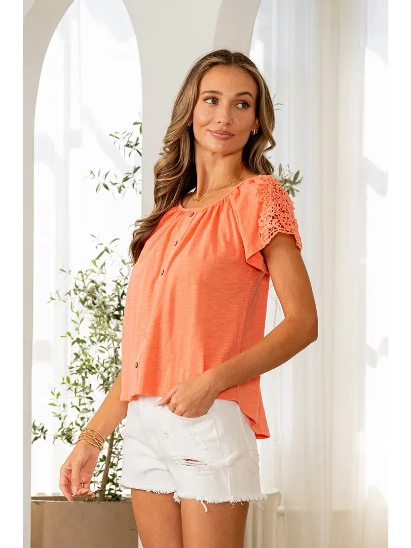ORANGE COTTON SLUB TOP W/ LACE SLEEVES AND FAUX BUTTONS