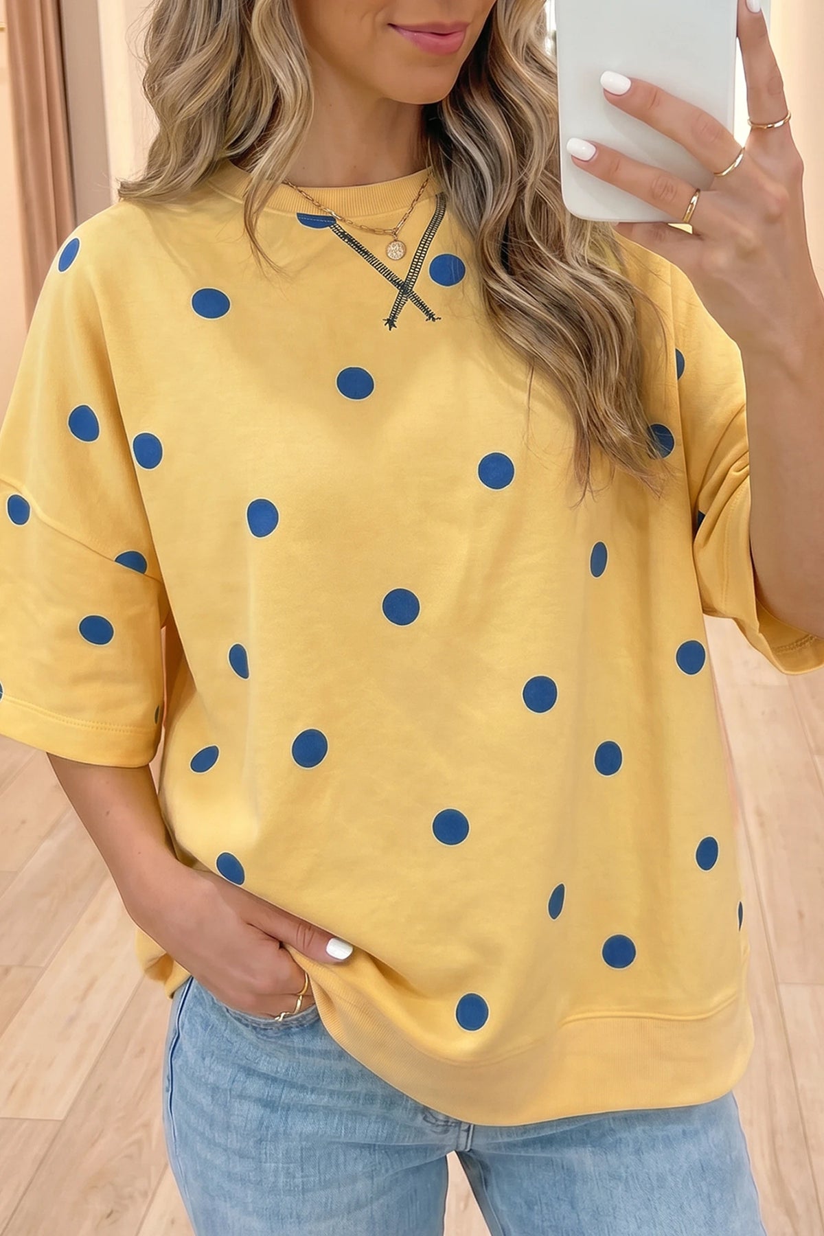 YELLOW/BLUE POLKADOT FRENCH TERRY SIDE SLID TOP